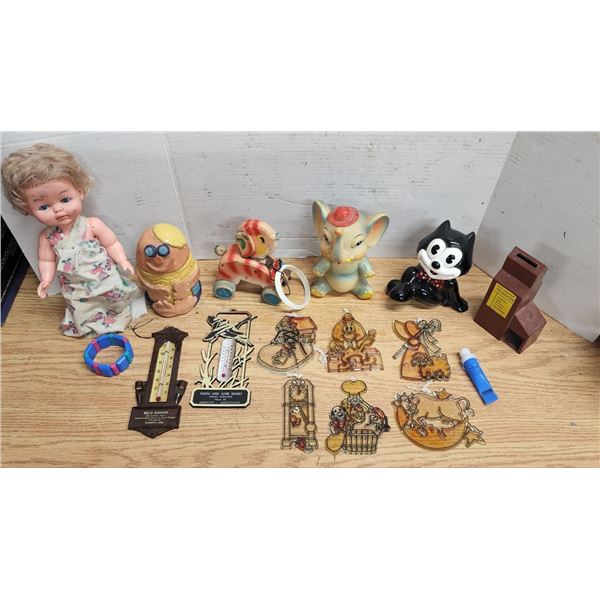 Lot of Assorted Vintage Toys, Piggy Banks and Thermometers