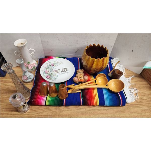 Lot of Assorted Housewares, Vases, Decorative Plate, Wooden Spoons, etc