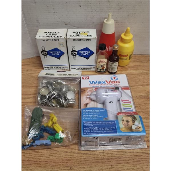 Lot of Assorted Items, New Bottle Caps, Bottles and Wax Vac (For Ears)
