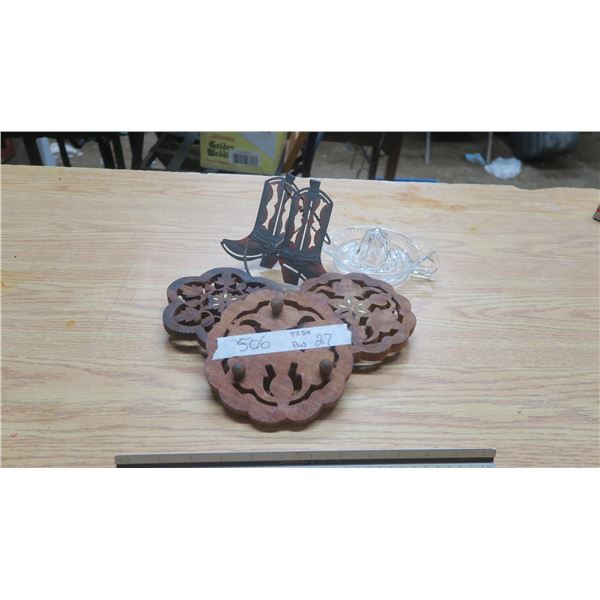 misc odd's & ends  . Wood costers, juicer, cowboy décor.