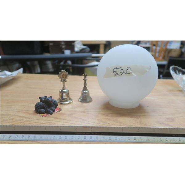 Misc collectors items, 2 bells ,stone bear, lamp globe.
