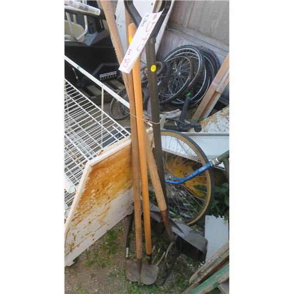 4- garden tools, hoe, snow shovel, pitch fork, weeder.