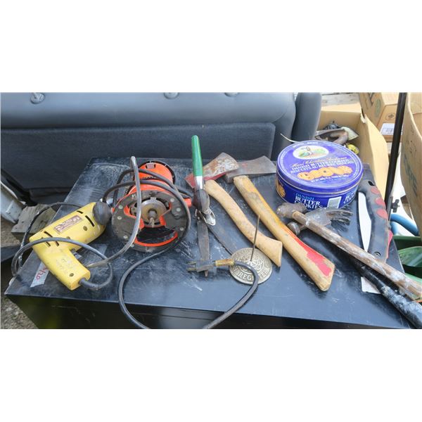 box of misc tools,hand router, drill, hand tools and random other items