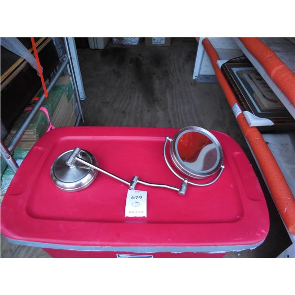 Large tote containing 19 lighted vanity mirrors with arms.