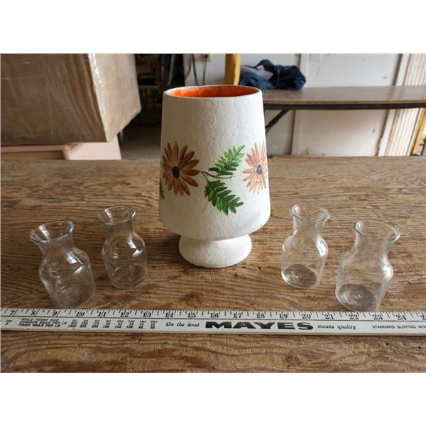 Decorative Handmade Ceramic Flower print vase, with 4 sm glass vases