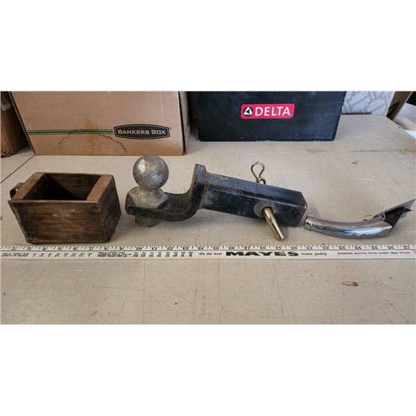 Assorted Hardware, 2 5/16" Ball Hitch, Wooden drawer, Metal Gasoline spout for gas can