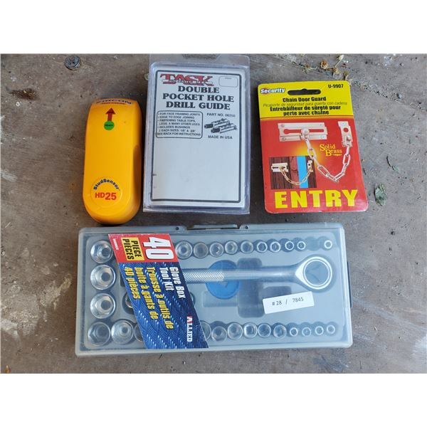 ratchet set, stud finder, door chain, pocket hole guide