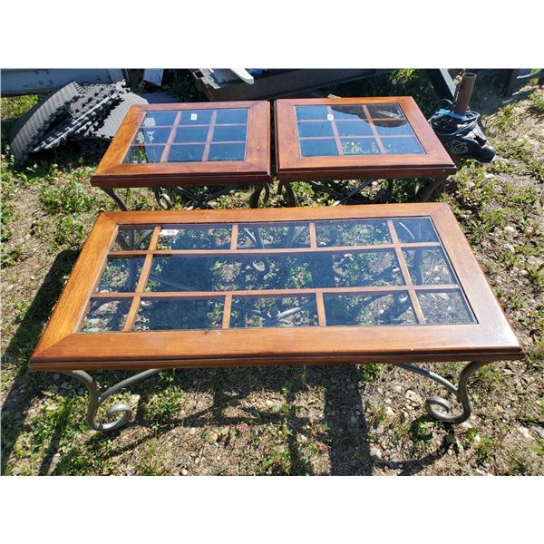 wood & glass coffee table w/ 2 end tables