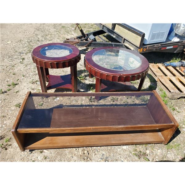 2 round wood & glass tables + rectangular coffee table