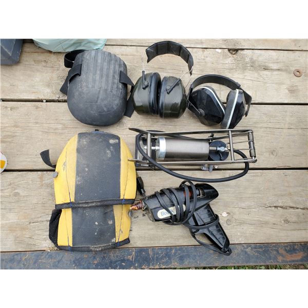 knee pads, hearing protection, glue gun, pump