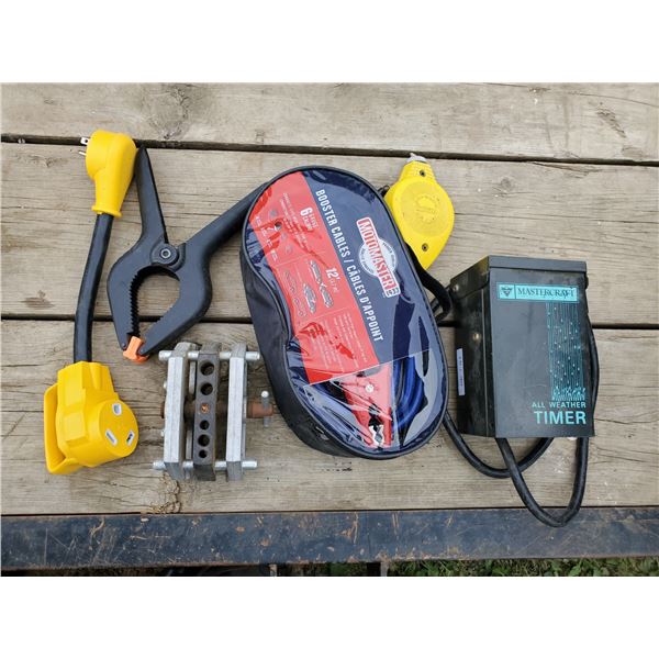 misc bag  - booster cables, clamps, electrical