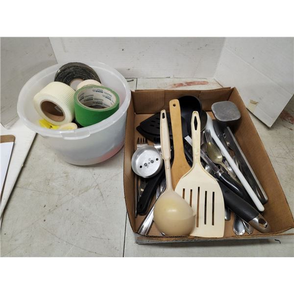 Box of Cooking/Eating Utensils and Pail of Assorted Tapes