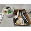 Image 1 : Box of Cooking/Eating Utensils and Pail of Assorted Tapes