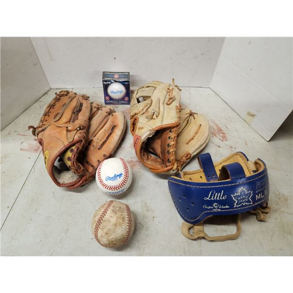 Lot of Baseball Gloves, Baseballs and Helmet