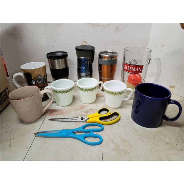 Set of Assorted Travel Mugs, Coffee Mugs, and Scissors