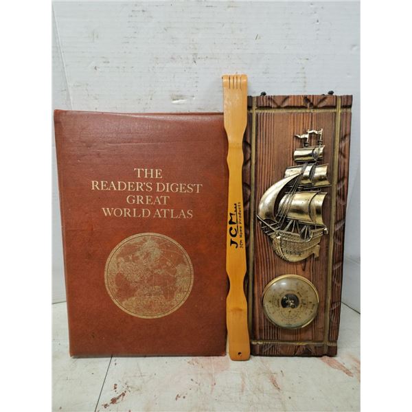 Vintage Readers Digest World Atlas, Wooden Back scratcher, Ship Thermometer