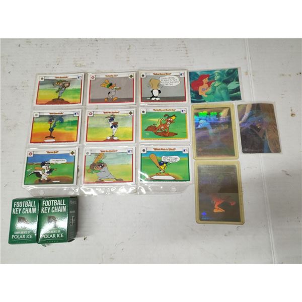 Vintage "Looney Tunes" Baseball cards, Football keychains and Little Mermaid card