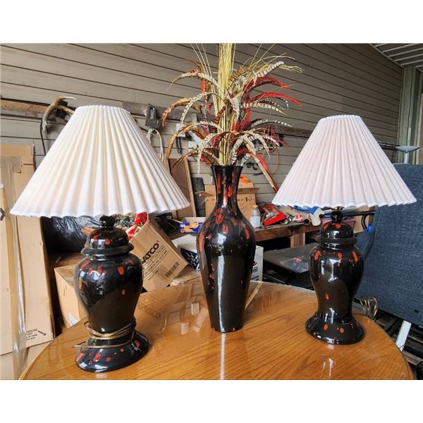 Set of 3, Matching Black/Red Lamps and Vase with décor