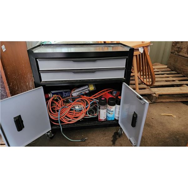 Wheeled toolbox/chest filled with misc tools, supplies, etc. H-2ft 4" W-2ft D-1ft