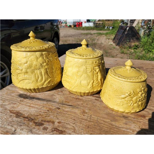 Set of 3, Yellow Ceramic Food Storage Jars/Containers 8", 6.5", 5"