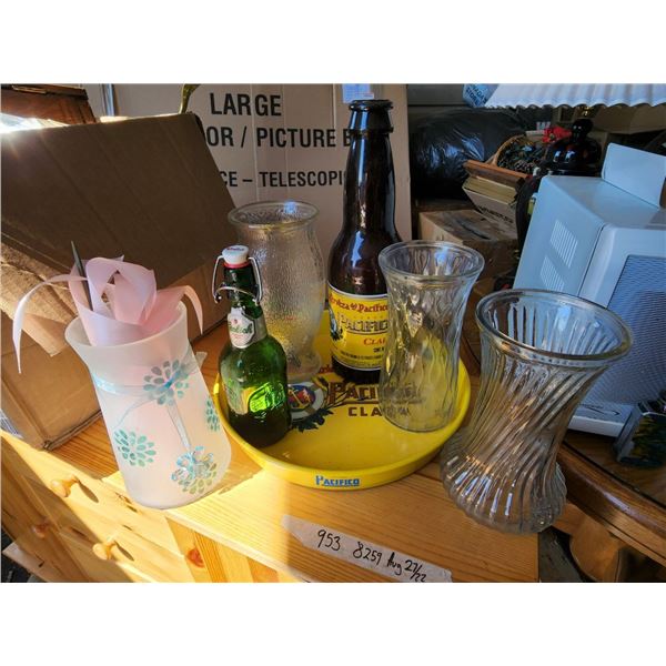 Lot of Assorted Glass Vases and Pacifico Cervasa Bottle with Matching Tray