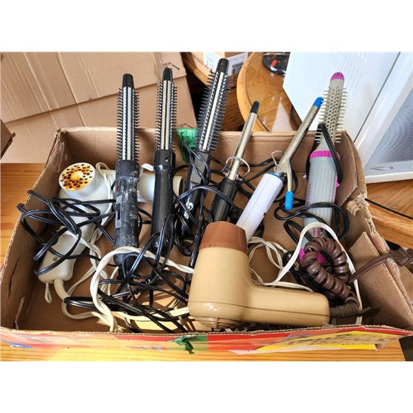 Box of Assorted Hair Curlers and Hair Dryers