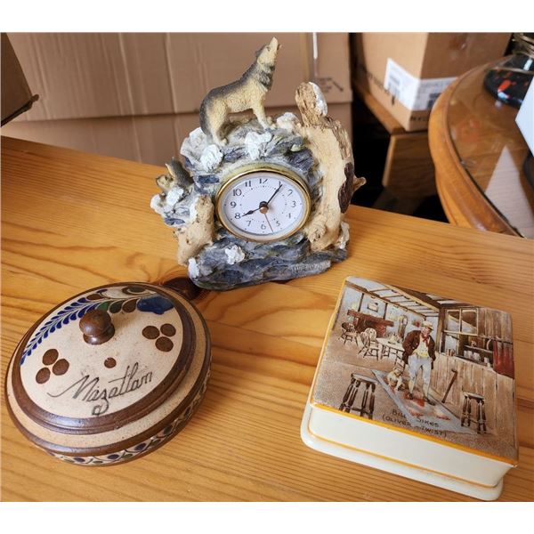 Lot of Assorted Ornaments and Wolf Clock