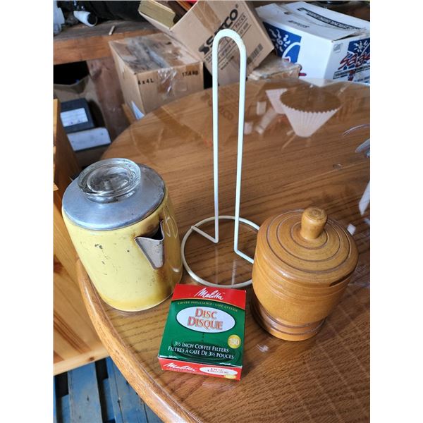 Lot of Assorted Household Items, Vintage Percolator Coffee Pot, Coffee Filters, Paper Towel Holder,