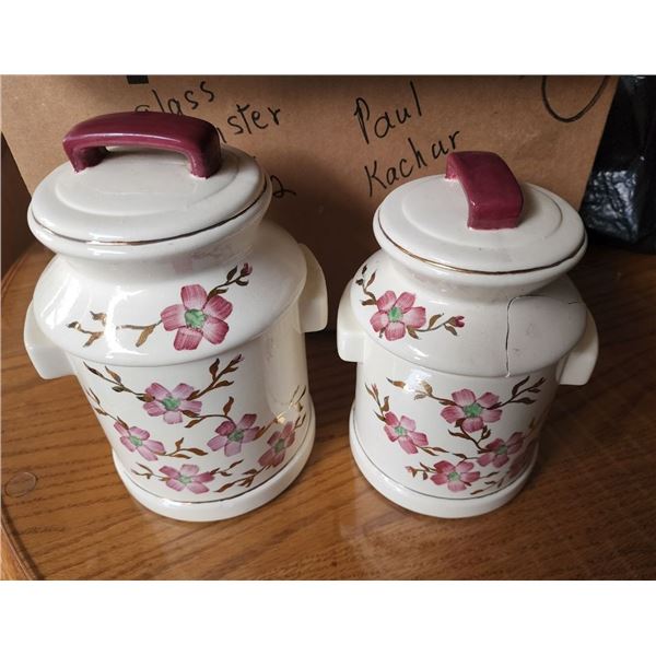 Set of 2 White Ceramic Food Storage Jars, Pink Flowers, 1 Lid is Broken