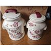Image 1 : Set of 2 White Ceramic Food Storage Jars, Pink Flowers, 1 Lid is Broken