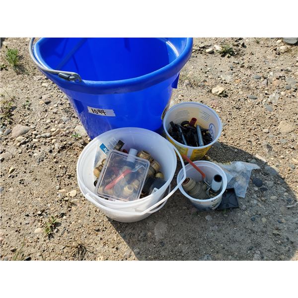 blue bucket w/ misc plumbing brass