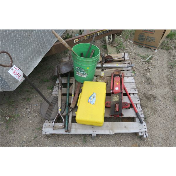 Pallet of misc, tools, jack, shovel.