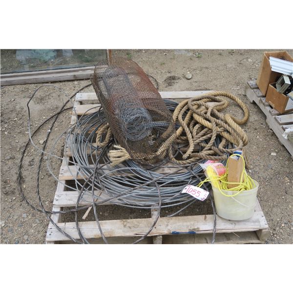 Pallet of steel cable, rope and some mesh.