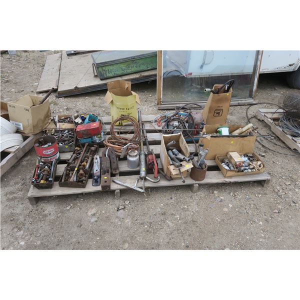 Large pallet of misc, bolts, fuel pump parts,hand pumps, copper tubing, compressor parts.