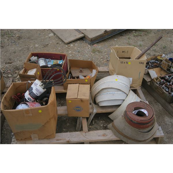 pallet of misc, belts, power meter, fastners, bolts.
