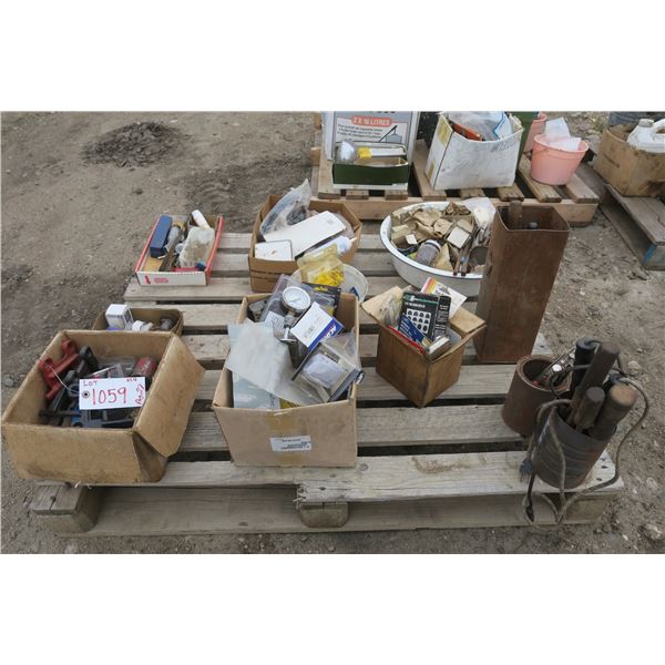 pallet of misc, tools,ag parts,compressor parts, tire repair kits.