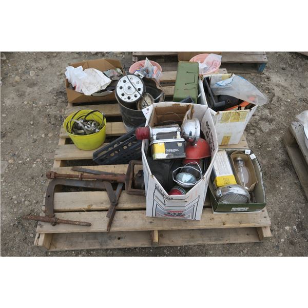pallet of misc, light bulbs, ag parts, compressor parts, electrical items