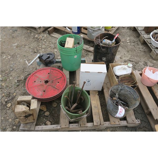pallet of misc, tools, gear pullers, ball valves, pully wheels large, gaskets.