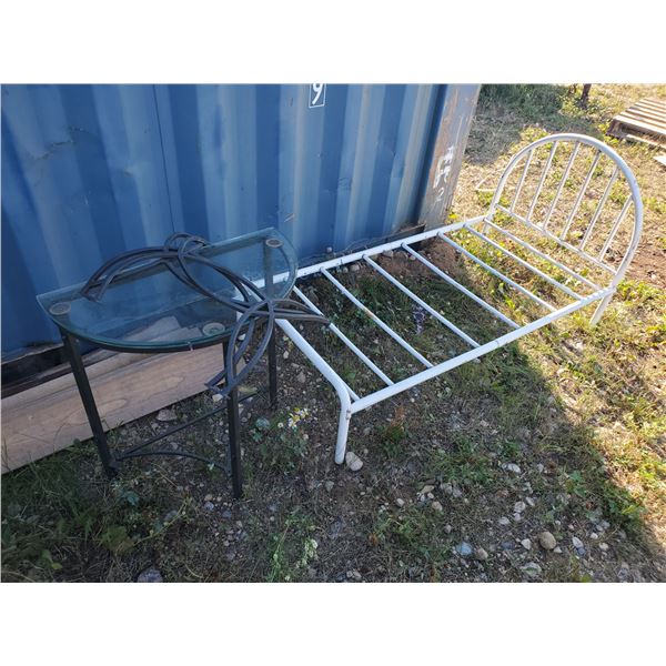 metal childs bedframe & d shaped patio side table