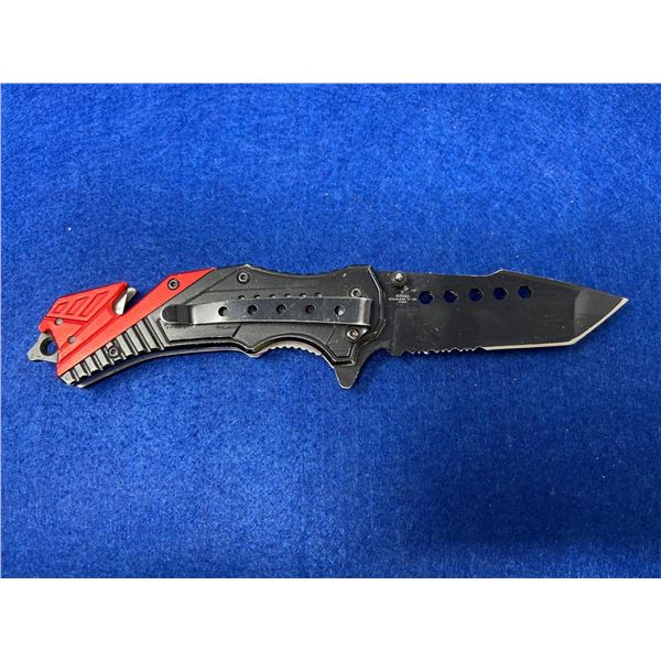 FD Fire Department Stainless Steel Black and Red Lock Blade folding pocket knife with clip model RR5