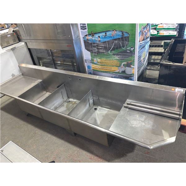 Stainless Steel triple well Industrial sink with wide runs. wall mounted so includes only 2 legs - a