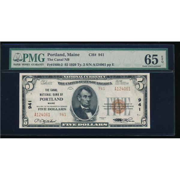 1929 $5 Portland ME National PMG 65EPQ