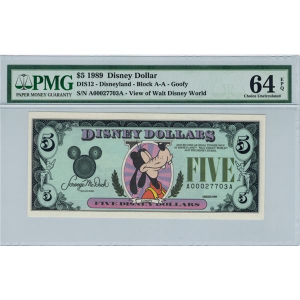 1989 $5 Goofy Disney Dollar PMG 64EPQ