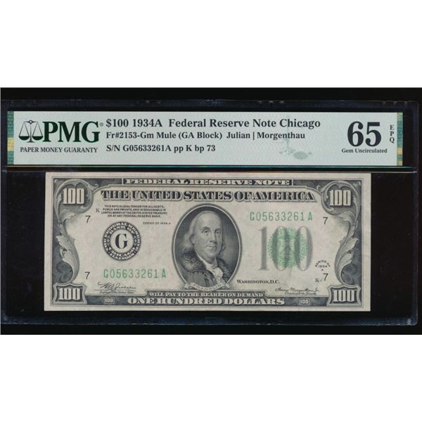 1934A $100 Chicago Mule FRN PMG 65EPQ