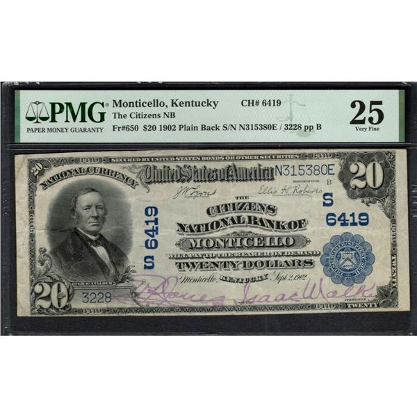 1902 $20 Monticello KY National PCGS 25