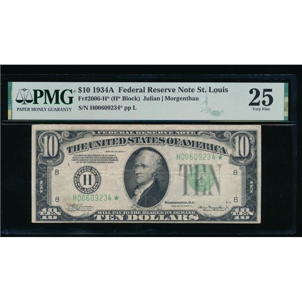 1934A $10 STAR ST Louis FRN PMG 25