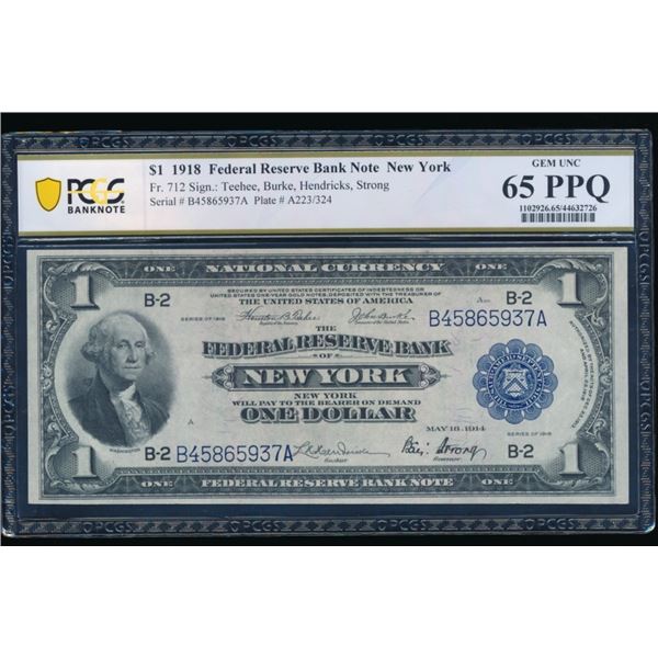 1918 $1 New York FRBN PCGS 65PPQ