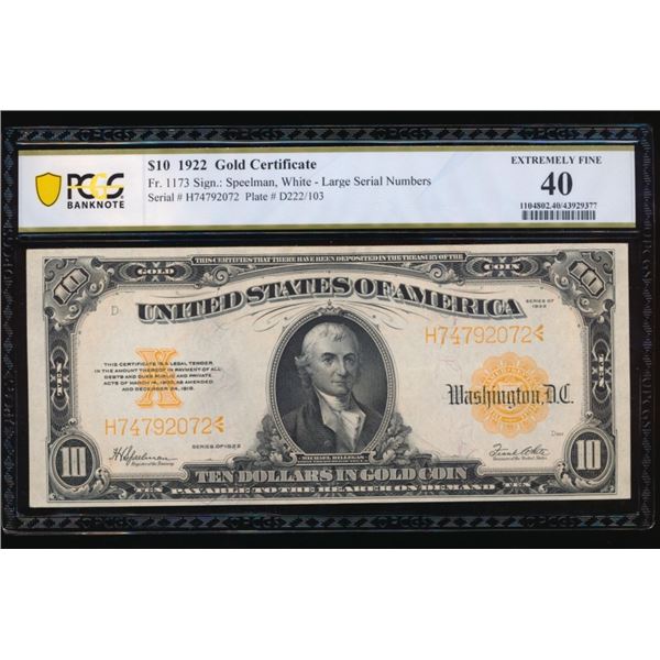 1922 $10 Gold Certificate PCGS 40