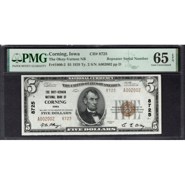 1929 $5 Repeater Corning IA National PMG 65EPQ