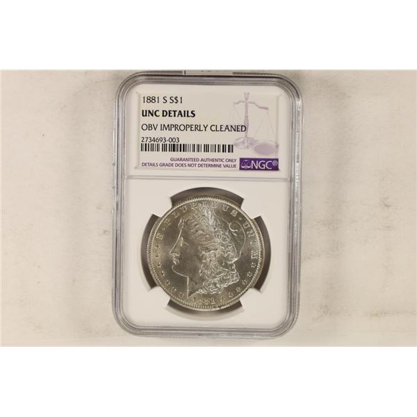 1881-S MORGAN SILVER DOLLAR NGC UNC DETAILS OBV.